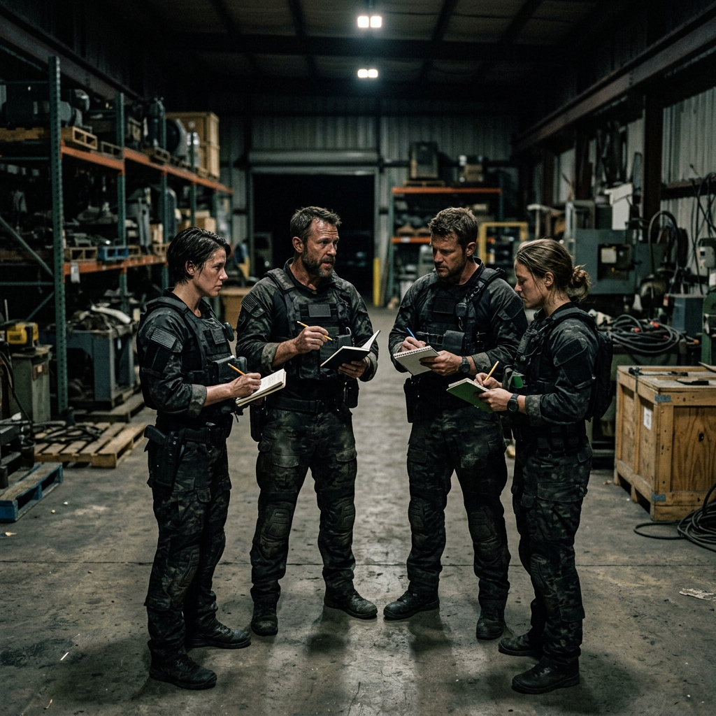 Instructor conducting a post-drill debrief with a small group