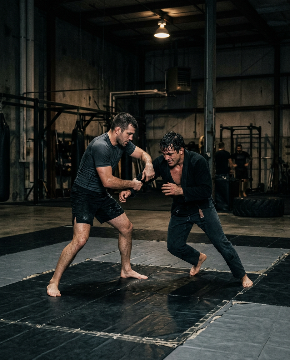 Two trainees practicing defensive movement in a dark gym