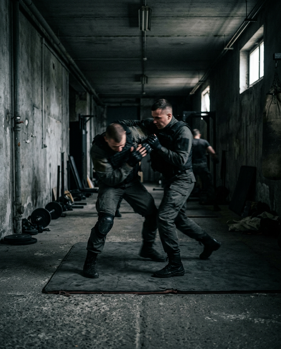 Close quarters training drill in a dim structure