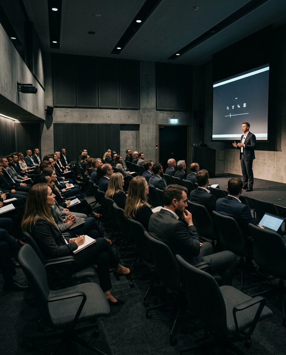 Corporate seminar audience in a dark auditorium