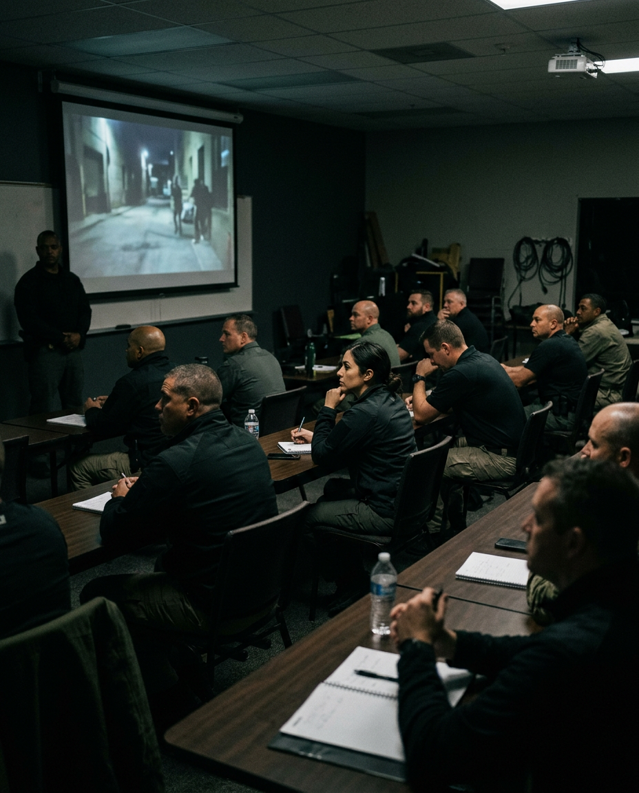 Instructor leading a situational awareness briefing in a low-light training room